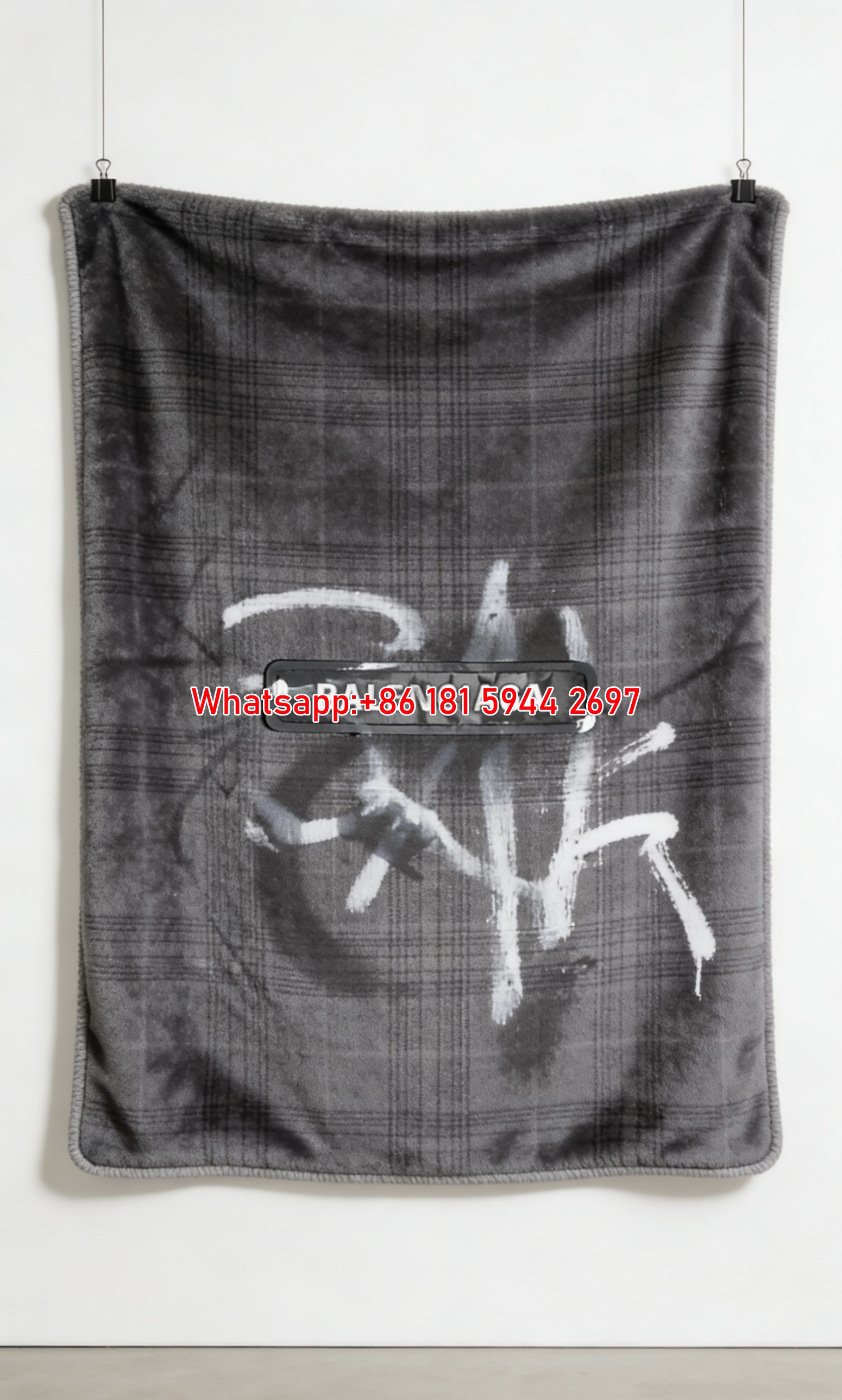 Balenciaga Grey Plaid Graffiti Label Print Flannel Sofa Throw Blanket Luxury Brand Cover BA043